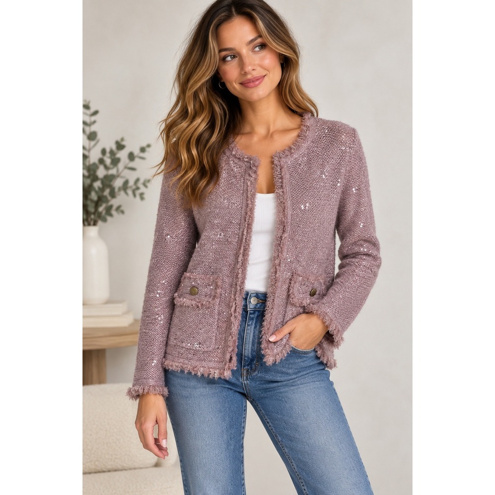 Sioni Mauve Pink Sequin Fuzzy Knit Cardigan Jacket Fringe Trim Small